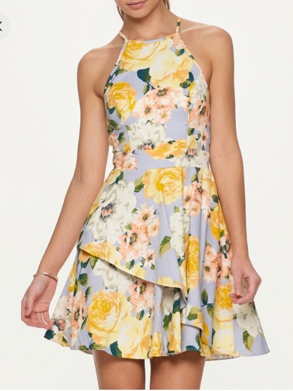 SPEECHLESS Floral Halter Mini Dress Yellow Tiered Ruffle Skirt size 13 (junior)